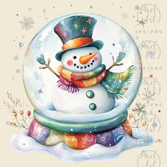 a snowman in a hat and scarf inside a glass ball with writing on it