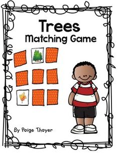 a book cover for trees matching game with an image of a boy standing in front of orange squares