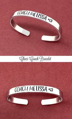 two silver bracelets with the words coach, coach and coach written on them in different languages