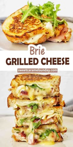 grilled cheese sandwich stacked on top of each other with the words brie grilled cheese