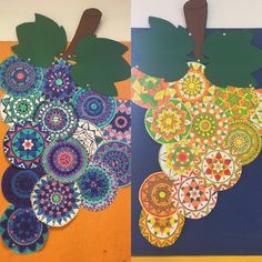 two pieces of art made out of paper with leaves and circles on the bottom one