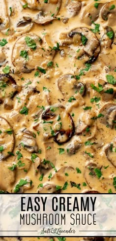 closeup of sauce with text overlay that reads easy creamy mushroom sauce Creamy Mushroom Sauce Recipe, Chicken Mushroom Pasta, Mushroom Sauce Recipe, Mushroom Recipes Pasta, Steak Pasta, Chicken Mushroom Recipes, Clean Eating Recipes For Dinner, Creamy Mushroom Sauce, Chicken Steak