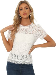 Shop Allegra K for lace floral scalloped trim short sleeve semi sheer blouse you are looking for, get more women's blouses for yourelf. Order now! Free Returns! Floral Lace Top, Sheer Lace Top, Floral Lace Tops, Lovely Tops, Scalloped Trim, Women's Blouses, Scalloped Edges, Model Body, Sheer Blouse