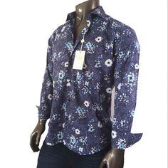 Bertigo Navy Blue Floral Print Button Down 100% Cotton Available In: L Blue Tops With Button Closure And Casual Collar, Blue Slim Fit Button-up Shirt, Blue Slim Fit Shirt With Button Closure, Blue Slim Fit Top With Spread Collar, Blue Slim Fit Collared Shirt, Blue Slim Fit Shirt With Casual Collar, Blue Slim Fit Shirt With Buttons, Blue Slim Fit Shirt, Slim Fit Blue Shirt With Buttons