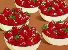 four white bowls filled with strawberries on top of a brown tableclothed surface