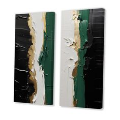 two pieces of art with green and gold paint on them, one is white and the other is black