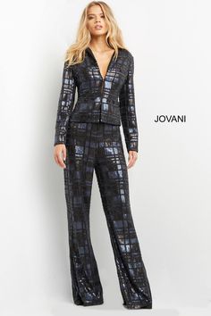 All eyes will be on you in this bead embellished long sleeve pantsuit by Jovani 07166. Make a striking impression in this exquisite ensemble featuring a stunning beaded design. The suit is crafted from luxurious sequin fabric, making it ideal for glamorous occasions. The long sleeves and floor-length pants add an elegant touch, while the fit and flare silhouette creates a sophisticated appearance. The top features a deep V-Neckline, adding a touch of allure. This stylish suit is perfect for thos Sequin Material, Long Sleeve Suit, Plastic Dress, Contemporary Dresses, Stylish Suit, Pure Elegance, Pant Suit, Dress Cover, Fit Pants