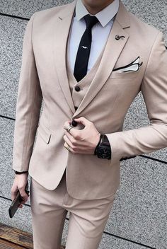 Beige Notch Lapel Groom Suit Set, Elegant Beige Three-piece Suit With Long Sleeves, Beige Notch Lapel Three-piece Suit For Wedding, Beige Notch Lapel Three-piece Wedding Suit, Beige Long Sleeve Semi-formal Suit, Elegant Fitted Beige Three-piece Suit, Tailored Beige Sets For Semi-formal Occasions, Tailored Beige Semi-formal Set, Tailored Beige Set For Semi-formal Occasions