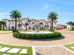 a large house with a fountain in the center surrounded by greenery and palm trees