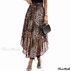 Olivia Mark - Leopard Print Half Skirt with High Waist and Ankle-Length for Casual Occasions Leopard Print Midi Skirt, Midi Skirt Casual, Long Flowy Skirt, High Waist Long Skirt, Irregular Skirt, Chiffon Maxi Skirt, Print Midi Skirt, Floral Pleated Skirt, Skirt Casual