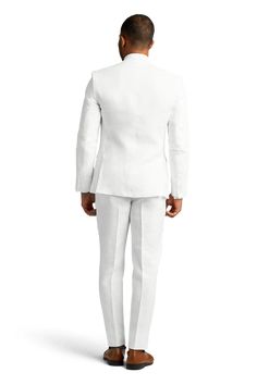 A slim white two button notch lapel suit. White Slim Fit Tuxedo Suit, White Slim Fit Tuxedo With Notch Lapel, White Slim Fit Blazer For Work, White Slim Fit Tuxedo For Semi-formal Occasions, White Slim Fit Suit With Notch Lapel, Fitted White Tuxedo For Business, White Single Breasted Tuxedo For Work, White Tuxedo Suit For Work, White Slim Fit Suit For Formal Occasions