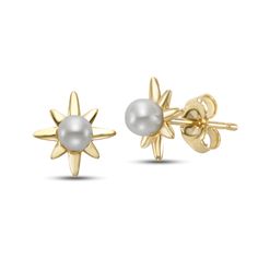 These darling freshwater cultured pearl starbust earrings feature two of these pearls in a radiant 14K yellow gold setting. | Freshwater Cultured Pearl Starburst Stud Earrings | 14K Yellow Gold | Helzberg Diamonds Elegant Starburst Jewelry For Anniversary, Elegant Star-shaped Pearl Drop Earrings, Elegant White Star-shaped Pearl Earrings, Elegant White Starburst Jewelry, Elegant Star-shaped Pearl Earrings, Elegant Starburst Earrings For Anniversary, Elegant Gold Starburst Jewelry, Elegant Starburst 14k Gold Jewelry, Elegant 14k Gold Starburst Jewelry