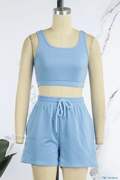 OrcaJump - Sky Blue Sleeveless Casual Sportswear Set - Solid Basic U Neck Design, Two-Piece Ensemble Blue Sleeveless Stretch Activewear, Blue Stretch Sleeveless Activewear, Casual Sports Bra For Sports, Casual Solid Sports Bra, Casual Solid Color Sports Bra, Blue Sleeveless Sports Bra For Gym, Sleeveless Moisture-wicking Activewear For Loungewear, Casual Solid Color Racerback Sports Bra, Moisture-wicking Sleeveless Activewear