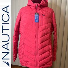 Nwt. Nautica Light Weight Stretch Water Resistant Puffer Jacket Size Xl. Carry Bag. P2p 24”. Length 28” Interior & Exterior Pockets Coral Pink Waterproof Outdoor Outerwear, Sporty Pink Waterproof Outerwear, Pink Outdoor Fleece Jacket With Pockets, Pink Fleece Outdoor Outerwear, Pink Fleece-lined Outerwear For Outdoor, Coral Color, Carry Bag, Puffer Jacket, Interior Exterior