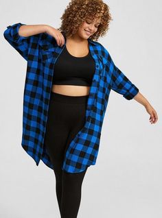 FIT Model is 5'10. 5” wearing size 1. . Measures 46” from shoulder (size 2). Oversized silhouette. . MATERIALS + CARE Flannel gauze woven fabric. . 75% rayon, 23% polyester, 2% spandex. Machine wash cold. Tumble dry low. . Imported. DETAILS Collared neckline. Long sleeves. The best plus size women's Flannel Gauze Oversized Shacket Outerwear in traditional buffalo plaid skydiver made of flannel. Torrid is your destination for cozy fall and winter clothes to keep you warm and comfortable. Winter Clothes Plus Size, Oversized Shacket, Kimono Wrap, Flannel Women, Oversized Silhouette, Winter Clothes, Cozy Fall, New Wardrobe, Casual Jacket