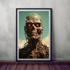 a framed poster of a skeleton with red eyes on a wooden floor next to a wall