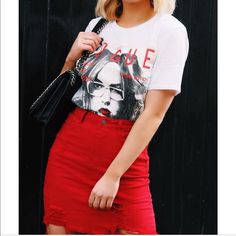 Reposhing Super Cute But Never Worn :/ Distressed Mini Skirt, Red Denim, Slogan T Shirt, Shirts For Leggings, Just Style, Zara Skirts, Slogan Tee, Mini Shirt Dress, Midi Maxi Dress