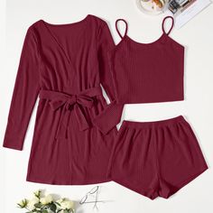 The high-quality, hand-crafted feathered 3 Piece Ribbed Cotton Pajamas Women Sleepwear Set is a must-have for any fashionista who wants to feel like royalty at home. The set includes a robe, matching shorts and a matching top. This set is perfect for lounging around the house, or for sleeping. It is also an excellent gift for someone who loves comfort. This 3 piece pajamas set is all you need to help relax at home. They are soft and easy to touch which projects versatility and effortless grace i Lounging Outfit, Knit Lounge Set, Cotton Pajamas Women, Matching Robes, Women Sleepwear, Comfortable Pajamas, Cotton Pajamas, Silk Robe, Sleepwear Sets