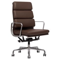 a brown office chair with chrome legs and leather upholstered seat, viewed from the front