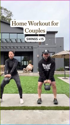 two people are doing kettle swings in front of a house with the words home workout for couples