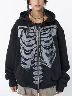 Skeleton Print Zip Up Loose Oversized Hoodie Estilo Emo, Oversized Zip Up Hoodie, Skeleton Hoodie, Skeleton Print, Crop Top Dress, Fashion Aesthetics, Black Zip Ups, Oversized Hoodie, Pop Punk