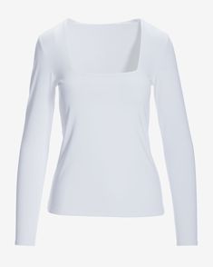 Our Square Neck Long Sleeve Top is a versatile wardrobe staple. With its clean lines and sleek fit, it seamlessly transitions from work to weekend. Wear solo now and layered next season, for effortless style year-round. Sleek Fitted Tops For Everyday, Sleek White Fitted Top, Sleek Stretch Tops For Everyday, Sleek Solid Color Tops For Everyday Wear, Sleek Solid Color Tops For Everyday, Sleek Solid Color Everyday Tops, Sleek Everyday Solid Color Tops, Chic Solid Color Top With Slight Stretch, Versatile White Elastane Tops