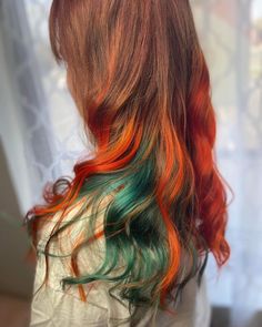 Ginger Hair With Green Highlights, Tri Color Hair Ideas, Orange Green Hair, Copper Teal Hair, Copper And Teal Hair, Copper And Green Hair, Ginger And Teal Hair, Rust Hair, Copper And Blue Hair