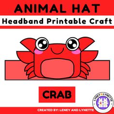 an animal hat with the word crab on it, in front of a red and white background