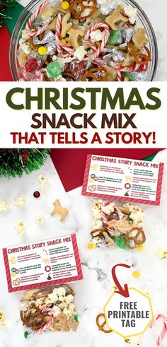 This Christmas Snack Mix is not only delicious and easy, but it tells a story! It's such a fun way to go over the birth of Jesus with kids! The free printable toppers bring it all together! Christmas Trail Mix Bar, Christmas Story Snack, Healthy Christmas Snacks For Kids, Jesus With Kids, Church Snacks, Easy Holiday Snacks, Christmas Snack Mix, Healthy Christmas Snacks, Lifesaver Candy