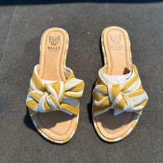 Brand New Women’s Slide Sandals, In Size 6.5. They Fit True To Size And Will Fit A 6 To 6.5. These Are A Boutique Brand Sandal. These Sandals Are Super Cute, With A Gorgeous Knot Detail In Cream And Mustard Colors. These Simple Sandals Will Go With So Many Things And Can Step Up Any Outfit. They Do Have A Little Cushion On The Bottom And Appear To Be Really Comfortable. Perfect For Spring And Summer! Yellow Slip-on Beach Sandals, Yellow Slip-on Sandals For Beach, Yellow Flat Heel Sandals For Vacation, Yellow Synthetic Sandals For Vacation, Casual Yellow Sandals For Beach, Casual Yellow Sandals For Vacation, Casual Yellow Beach Sandals, Trendy Yellow Sandals With Cushioned Footbed, Yellow Slip-on Summer Sandals