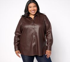 Your style evolution requires sophisticated pieces that do double (and triple) duty and wash easy. This textured faux-leather shirt checks alll the boxes! Unbutton over a tank and jeans for a chic lunch with the girls, mate to trousers for pro-polished office days, or slip on with your sleekest pants and sultriest heels for a night on the town. From Dennis Basso. Style Evolution, Dennis Basso, Leather Shirt, Button Front Shirt, Button Shirt, Evolution, Shirt Blouses, Checks, Faux Leather