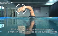 a man is swimming in a pool with his hand out to the side and words above him that read speedo