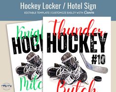 two flyers for hockey with shoes and puck on the front one is red, white and green