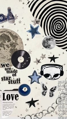 a collage of various items including shoes, stars, and moon shapes with words on them