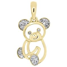 This eye-catching diamond Teddy Bear Design Pendant is casted in solid 10K Yellow Gold and shimmering white diamonds, ensuring sparkle from every angle. Radiant with 1/12 TCW t.w. of genuine diamonds, this pendant is high polished to a lustrous shine. Exclusive style has a well built frame to withstand daily wear and tear. The diamonds are securely held between the gold mounting in Prong setting close together, making the overall appearance larger and lustrous. Plain bail to match the body of th White Gold Diamond Jewelry With Diamond Eyes, Cubic Zirconia Jewelry With Diamond Eyes In Round Cut, Round Cut Cubic Zirconia Jewelry With Diamond Eyes, White Diamond Jewelry With Diamond Eyes, White Gold Diamond Necklace With Diamond Eyes For Anniversary, Teddy Bear Pendant, Teddy Bear Design, Bear Pendant, Bear Design