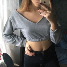 Women Casual Long Sleeves Deep-v Top Off Shoulder Solid T-shirt Tops Fashion Autumn Clothes Casual Gray V-neck Top, Gray Relaxed Fit V-neck Top, Trendy Gray V-neck Tops, Basic Gray V-neck Tops, Gray V-neck T-shirt For Fall, Trendy Gray V-neck T-shirt, Off Shoulder Dresses, Casual Shirt Women, Fashion Autumn