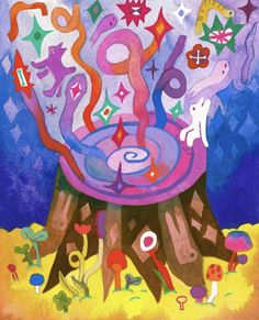 a painting of a tree with many different things in it