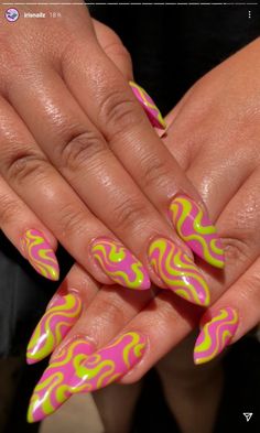 Pink Lemonade Nails, Green And Pink Nails, Lemonade Nails, Ballerina Acrylic Nails, Long Almond Nails, Colored Acrylic Nails, Acrylic Nails Coffin Pink