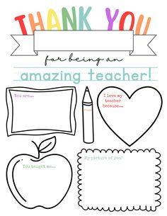 thank you teacher card with an apple, pencil and paper cutout on it's side