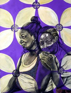 a painting of two women with their faces painted purple and white, one holding the other's head