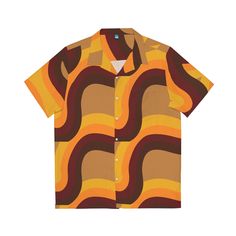 1970's Retro Beige, Brown, Orange, Rainbow, Groovy Wave Stripe, Hipster, Disco Party, Cruise Wear Men's Hawaiian Shirt Nothing says it's party time, cruise time or special event like a Hawaiian shirt, and now. Make and iconic statement and lasting impression at your next outing. Made to have a boxy fit and a notch lapel collar that are perfect for any laidback scenario, these shirts come with a handy chest pocket and a 95% polyester and 5% spandex fabric for silky comfort. Choose between black o Summer Retro Print Shirt With Camp Collar, Retro Printed Shirt With Camp Collar, Retro Multicolor Short Sleeve Shirt, Multicolor Retro Short Sleeve Shirt, Yellow Retro Print Short Sleeve Shirt, Yellow Short Sleeve Shirt With Retro Print, Retro Hawaiian Shirt With Graphic Print And Camp Collar, Retro Orange Cotton Shirt, Retro Summer Shirt With Vintage Print