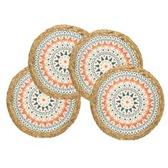 four round coasters with an orange and blue pattern on the front, set of four