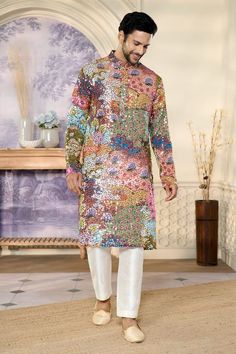 Multicolored georgette abstract pattern kurta with sequin embroidery. - Aza Fashions Georgette Kurta, Kurta For Men, Kurta Men, Straight Fit Pants, Sequin Embroidery, Sequins Embroidery, Fashion App, Aza Fashion, Abstract Pattern