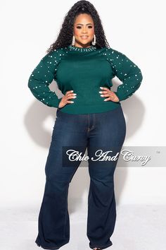 Stretch top Mock neck Long sleeve Pearls 70% Viscose 30% Nylon Model is wearing a 2X Mock Neck Long Sleeve, Stretch Top, Green Sweater, Black Sweaters, Mock Neck, Plus Size Fashion, Final Sale, Plus Size, Long Sleeve