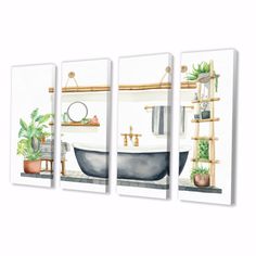 three pictures of a bathtub with plants on the side and a mirror above it