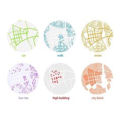 four different colored circles with the names of various streets in each circle, including high building and low - rise