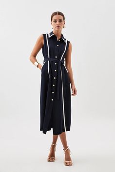 Petite Soft Tailored Pipe Detail Sleeveless Shirt Dress | Karen Millen T-shirt Dress, Jersey Shirt Dress, Dramatic Classic, Sleeveless Shirt Dress, Soft Tailoring, City Outfits, Tailored Shirts, Karen Millen, Sleeveless Shirt