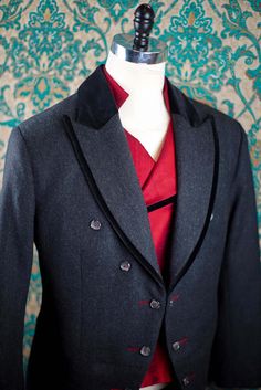 This listing includes the frock coat, vest, and pant with the muslin fitting process described below. ABOUT THIS STYLE: We make the most distinctive frock coats and tailcoats in the world. This suit features a morning coat with a high sharp cutaway, decorative contrast buttonholes, velvet trim and a velvet back collar. The piece is cut from gorgeous vintage style wool flannel. The pant is made from flannel as well with a velvet tux stripe. And the vest is made, with a standup collar and double-b Theatre Ideas, Morning Coat, Military Vest, Elegant Wear, Collar Vest, Frock Coat, Wool Flannel, Velvet Trim, Denver Co