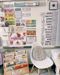 a white chair sitting in front of a bulletin board