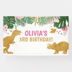 a birthday banner with an image of dinosaurs and flowers on it that says, olvia's 3rd birthday